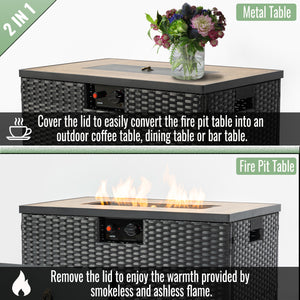 English Elm 32" Outdoor Propane Fire Pit Table with Ceramic Top, 50,000 BTU Stainless Steel Burner, Wicker Base and Tank Cover Dark Gray W853P202194