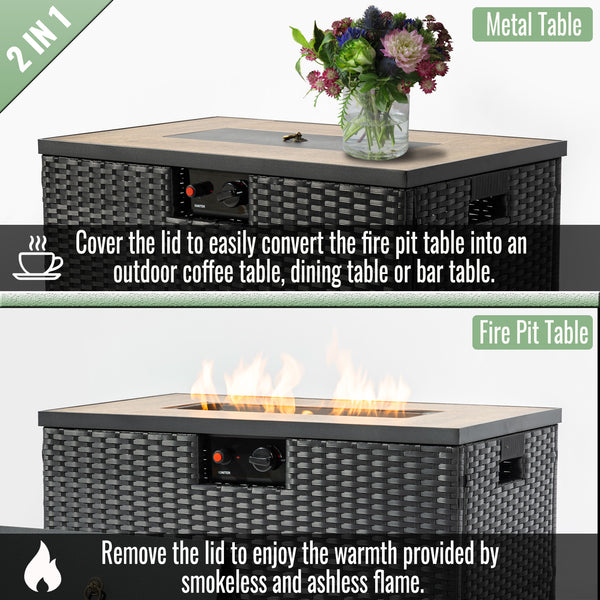 English Elm 32" Outdoor Propane Fire Pit Table with Ceramic Top, 50,000 BTU Stainless Steel Burner, Wicker Base and Tank Cover Dark Gray W853P202194