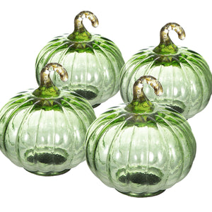 English Elm Set of 4 Glass Pumpkins 4x4x5" — Elegant Fall Tabletop Ornaments for Harvest, Thanksgiving Decor Green W2078P387560