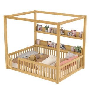 English Elm Full House Floor Bed with Door and Guardrails for Kids, Solid Wood Double Full, Safe Play Nook Natural W1580P359334