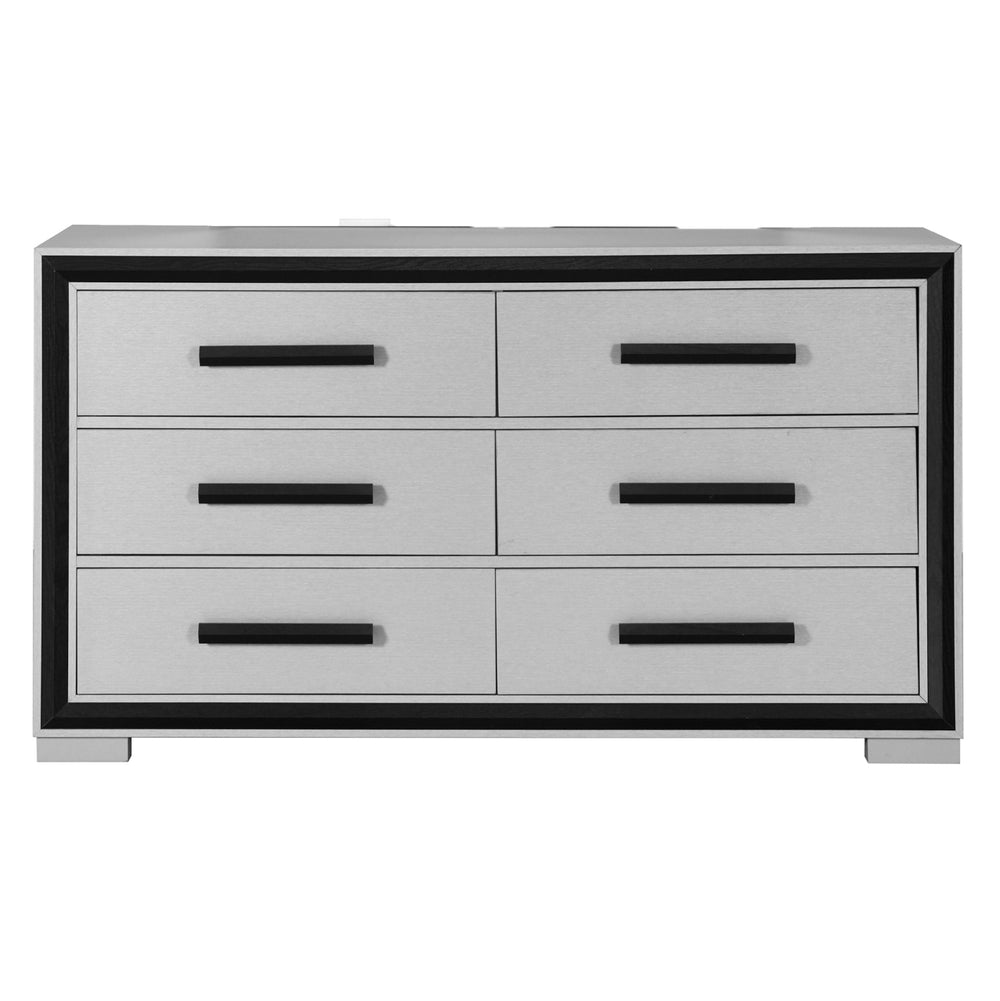 English Elm ADELAIDE Solid Wood Chest with 5 Spacious Drawers, Sleek Silver Finish and Modern Hardware Design Black,Grey 63.75 L x 20.63 W x 35.5 H B201P215680