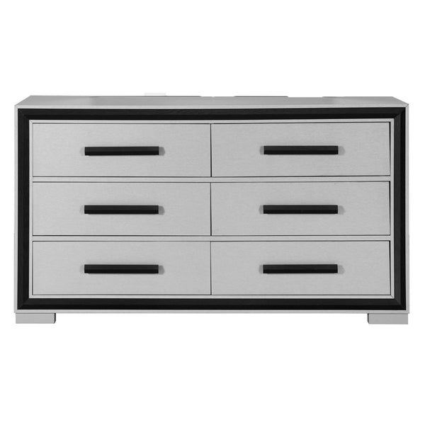 English Elm ADELAIDE Solid Wood Chest with 5 Spacious Drawers, Sleek Silver Finish and Modern Hardware Design Black,Grey 63.75 L x 20.63 W x 35.5 H B201P215680
