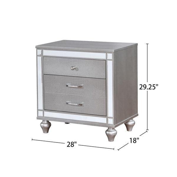 English Elm 2 Drawers Nightstand With Mirror Trim, Textured Silver Finish & Elegant Bun Feet For Modern Spaces B016P252337