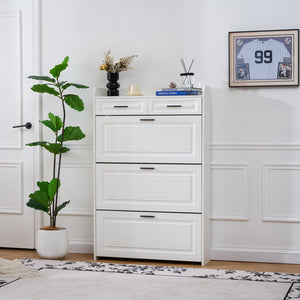 English Elm Two drawer three-fold shoe cabinet with ample vertical shelving, smooth finish, compact entryway storage White W3871P368975