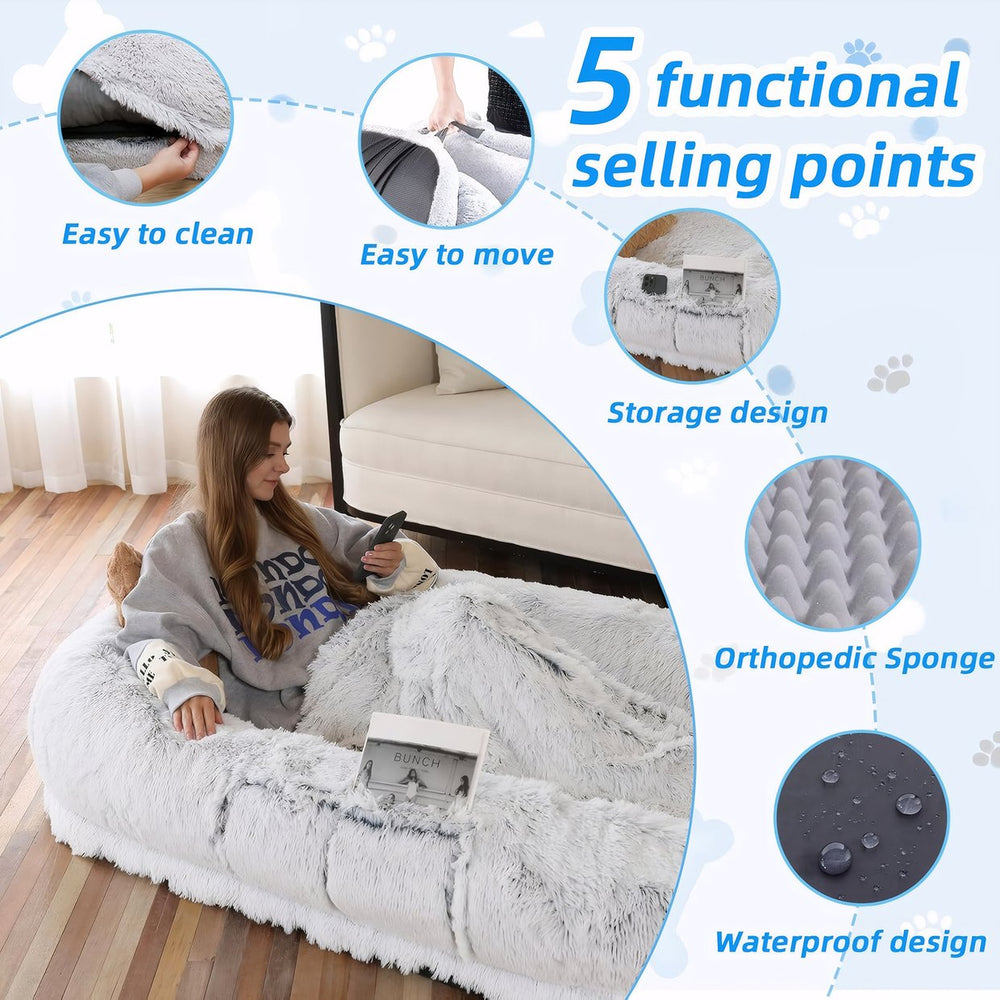 English Elm Human Plush Orthopedic Dog Bed 71"x45"x14" Washable Faux Fur Napping Lounger for You & Pets Gray W3101P314614