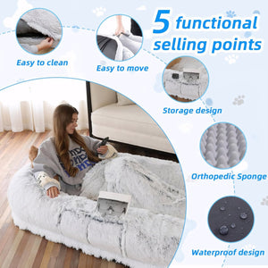 English Elm Human Plush Orthopedic Dog Bed 71"x45"x14" Washable Faux Fur Napping Lounger for You & Pets Gray W3101P314614