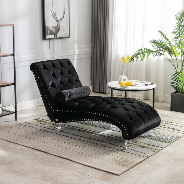 English Elm Velvet Curved Chaise Lounge Sofa with Button-Tufted Back, Thick Foam Cushion & Acrylic Legs for Living Room Comfort Black W39538681