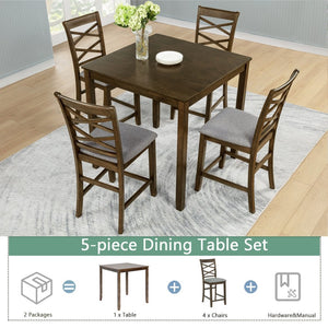 English Elm Elegant Square Acacia Wood Dining Set with Four Linen Upholstered Chairs Modern Style W1998S00084