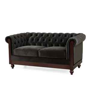 English Elm Christopher Knight Home® - VIVALUX Chesterfield Velvet Loveseat Sofa with Rolled Arms Tufted Buttons Plush 2-Seater Comfort 59.4" Black N762P178705B