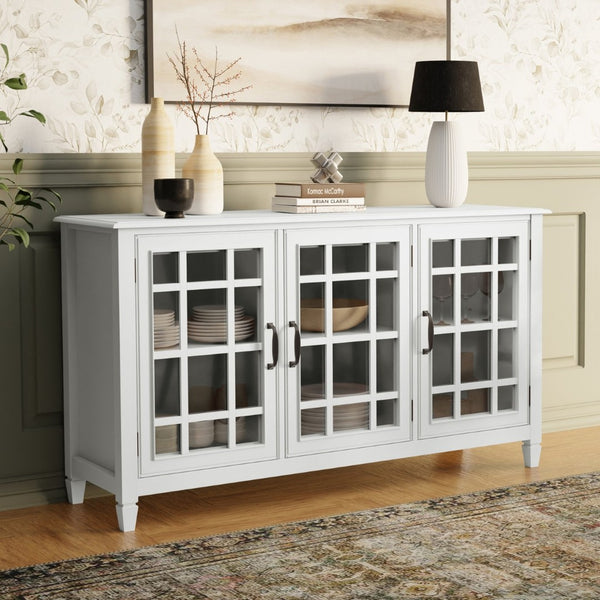 English Elm Connaught Solid Wood Buffet with Glass Doors Bronze Hardware Heritage Dining Storage White B136P436047