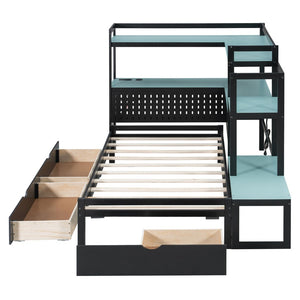 English Elm Twin Gaming Daybed with Led Strips Desk Pegboard Bookcase and Three Storage Drawers Black+Blue N820S00083C
