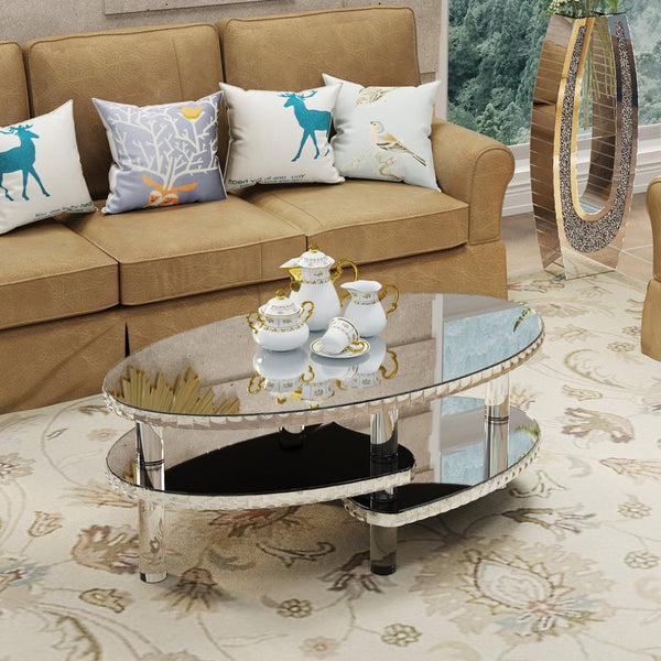 English Elm Silver Mirrored Oval Coffee Table Crystal Trim Acrylic Legs Glam Living Room Decor W3836P382489