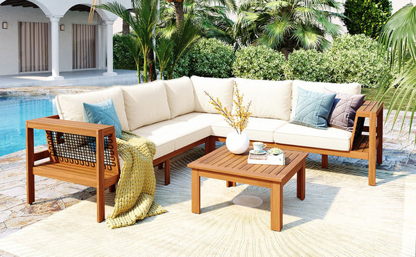English Elm <old Old Sku Acacia Wood L-shaped Patio Sectional with Woven Rope Armrests Resort Cushioned Set Beige,Teak N704F201249N