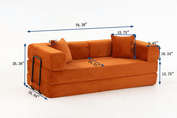 English Elm Full Foam Modular Sofa Bed Corduroy Upholstered Convertible Lounger for Studio Apartments Orange W3326P450802