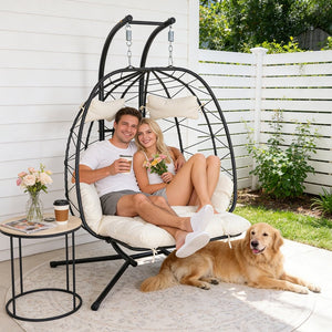 English Elm 2 Person Wicker Hanging Egg Chair with Stand Padded Swing for Patio or Garden T5880P500209