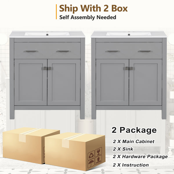 English Elm 60" Modern Bathroom Vanity Set with Double Ceramic Sinks, Soft-Close Doors, Flip Drawer & Storage Gray N729P000002E