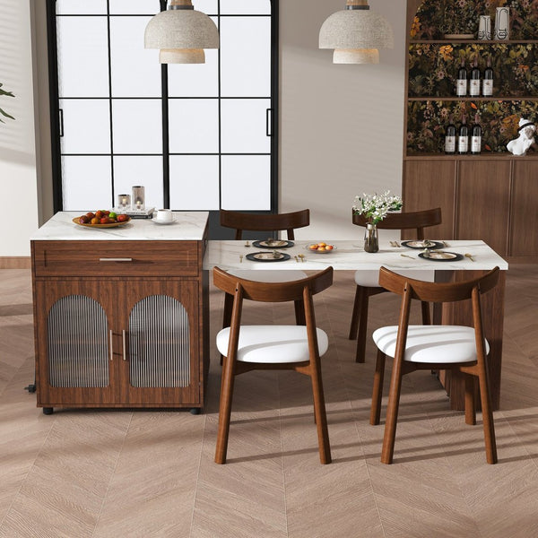 English Elm 80-inch Expandable Island Dining Set Walnut Marble Top Power Outlets 4 Wood Chairs W2700S00141