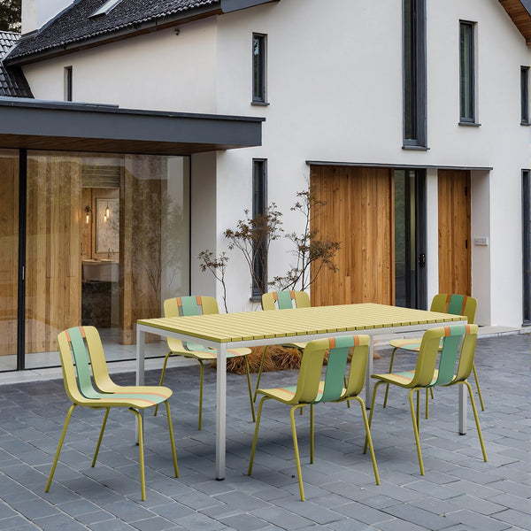 English Elm 4-Pack Modern Striped Color Block Chairs with Weatherproof PP Seats and Heavy-Duty Metal Legs for Indoor Outdoor Seating Grain Yellow,Haze Green,Tropical Orange W3450P322861