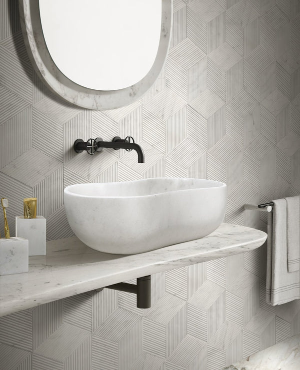 English Elm White Natural Marble Vessel Sink - Handcrafted Elegance With Semi-Polished Finish For Luxurious Bathrooms W1696P333269-GIGA