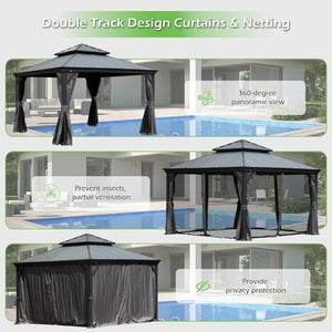 English Elm 10x12ft Lean to Hardtop Gazebo Wall Mounted Steel Roof Shelter for Deck Patio W1859S00184