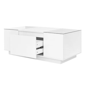 English Elm U-Can LED Coffee Table with Glass Top, 16-Color Bluetooth APP Lighting, Hidden Drawers & Open Storage White N724P290056K