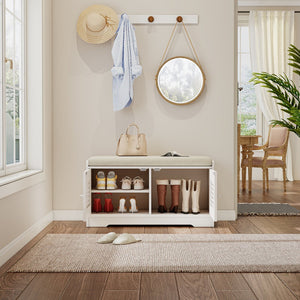 English Elm 28.74"Shoe Storage Bench with Cushion, 2-Door Louver Cabinet, Adjustable Shelves, Breathable Seat W2948P244736