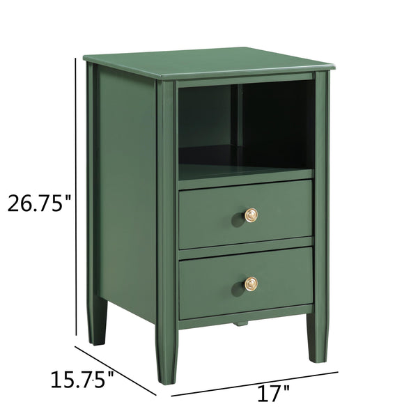 English Elm Winston 2-Drawer Storage Nightstand with Brushed Gold Knobs, Open Shelf, Fluted Legs, No Assembly Antique Green B050P376958