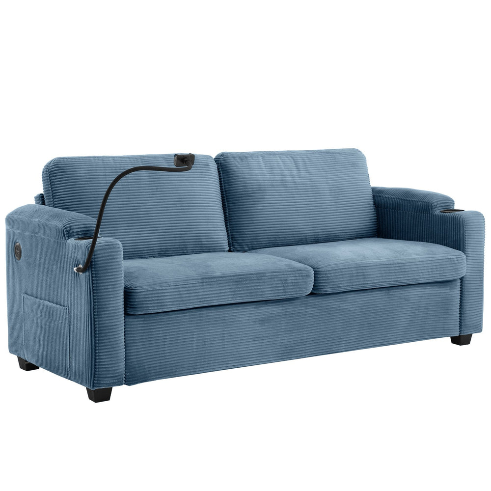 English Elm 72.8" Corduroy Sleeper Sofa Loveseat with Full Mattress, USB Charging, Cup Holders, Storage Pockets Navy Blue N719P208880C