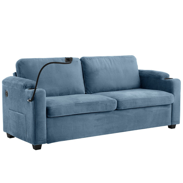 English Elm 72.8" Corduroy Sleeper Sofa Loveseat with Full Mattress, USB Charging, Cup Holders, Storage Pockets Navy Blue N719P208880C