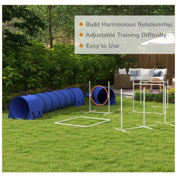 English Elm PawHut 7-Piece Dog Agility Starter Kit with Tunnels, Adjustable Hurdles & Ring, Whistle, Bag W2225P217634