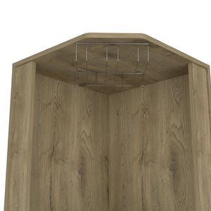 English Elm Hans Corner Bar Cabinet Macadamia Oak Finish with 5 Bottle Wine Rack, 9pc Stemware, 2 Shelves, Storage B070S00181