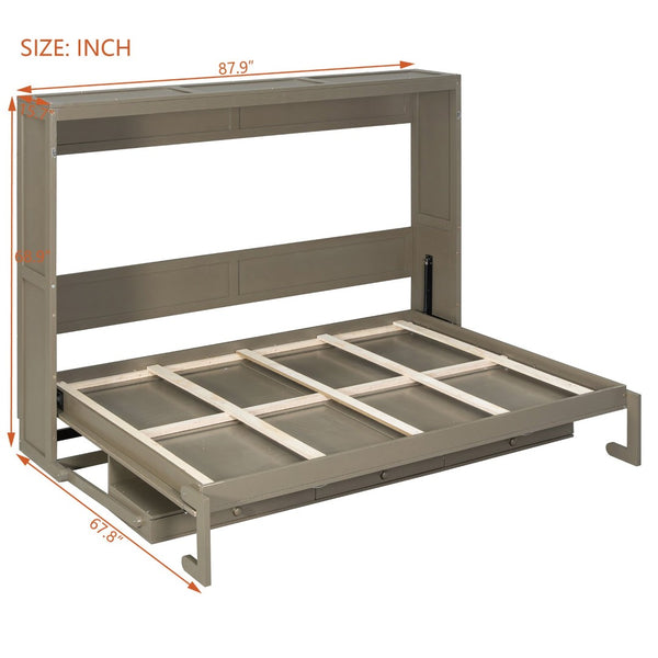English Elm Queen Murphy Bed Cabinet with Vanity Desk Hydraulic Lift Mirror Distressed Finish Gray LP000766AAE-1