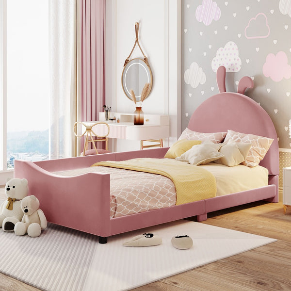 English Elm Twin Velvet Daybed with Sculptural Rabbit Ear Headboard for Kids or Guest Rooms Pink N737P380205H