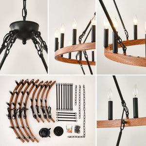 English Elm 47.24 Inch Two-tier Wagon Wheel Chandelier 36-light Wood Grain Metal Farmhouse Foyer Fixture W5008P392657