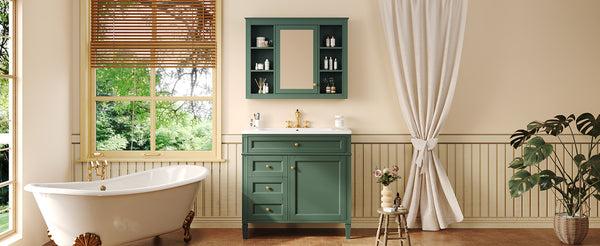 English Elm 36'' Modern Bathroom Vanity With Mirror Cabinet, Soft-Close Doors & Spacious Drawers For Storage SW000134AAF-1