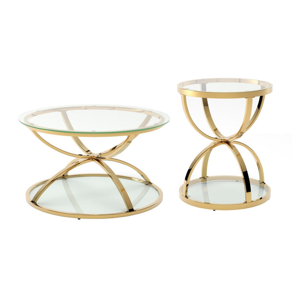 English Elm Modern Two-piece Round Tempered Glass Coffee Table Set with Gold Iron Ring Frames W757S00057
