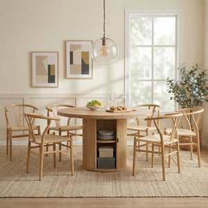 English Elm 6-piece Round Pedestal Dining Set with Woven Wishbone Chairs and Fluted Column Base Natural Wood,Wood W2920S00151