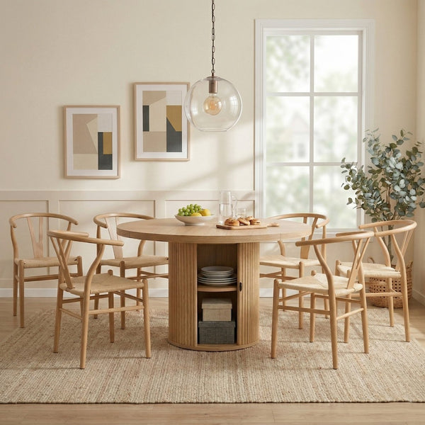 English Elm 6-piece Round Pedestal Dining Set with Woven Wishbone Chairs and Fluted Column Base Natural Wood,Wood W2920S00151