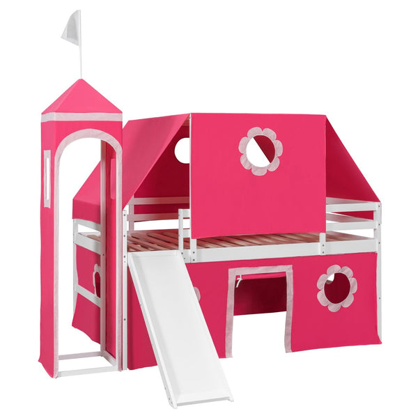 English Elm Full Size Kids Castle Loft Bed with Slide Tent Tower Pinewood Play Zone LT000772AAH-2
