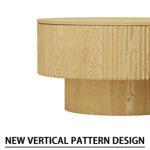 English Elm 29.53 Inch Round Mdf Coffee Table with Grooved Sides and Concealed Storage for Living Rooms W2189P320662