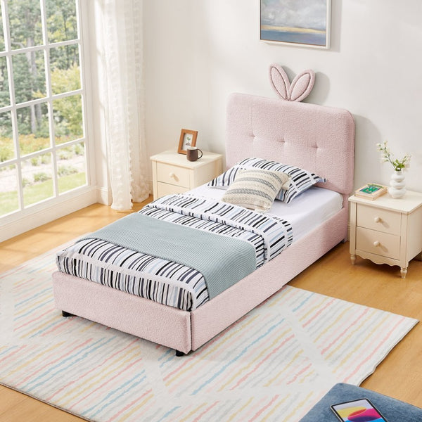 English Elm Twin Kids Boucle Upholstered Bed Rabbit Ear Headboard Led Lighting Four Storage Drawers Pink W1413P384920