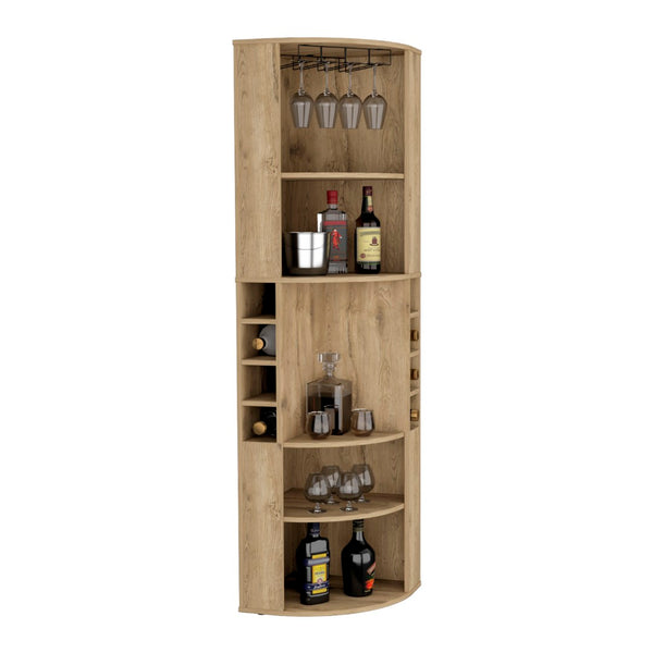 English Elm Oban Matte Black Corner Bar Cabinet with Bottle Cubbies and Open Stemware Shelves B200S00389