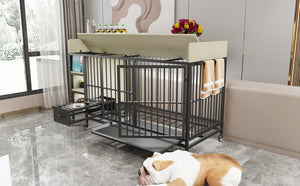 English Elm Large Iron Mdf Pet Enclosure with Storage Cabinet Rolling Casters and Steel Feeding Basins W3064P245384