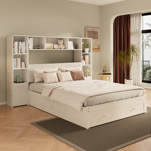 English Elm Queen Pine Wood Platform Bed with Built-In Nightstands, 2 Charging Stations, 3 Drawers & Storage BS701P286275K
