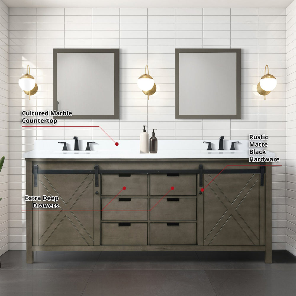 English Elm Rustic Brown Double Bath Vanity 80" W x 22" D with Cultured Marble Top, Matte Black Faucets & Mirrors B2731S01122