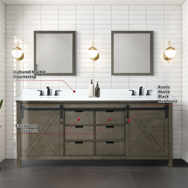 English Elm Rustic Brown Double Bath Vanity 80" W x 22" D with Cultured Marble Top, Matte Black Faucets & Mirrors B2731S01122