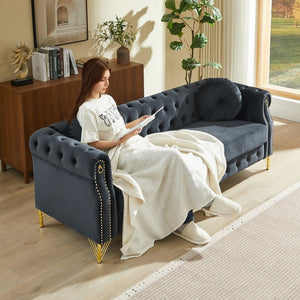 English Elm Velvet Chesterfield Tufted Sofa with Copper Stud Trim and Gold Legs for Glam Living Black W834S00628