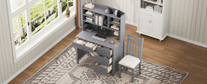 English Elm Vintage 40'' Home Executive Desk Set with Upholstered Chair and Built-In Bookshelf for Stylish Productivity Gray 44 L x 23 W x 13.5 H N733P272894E