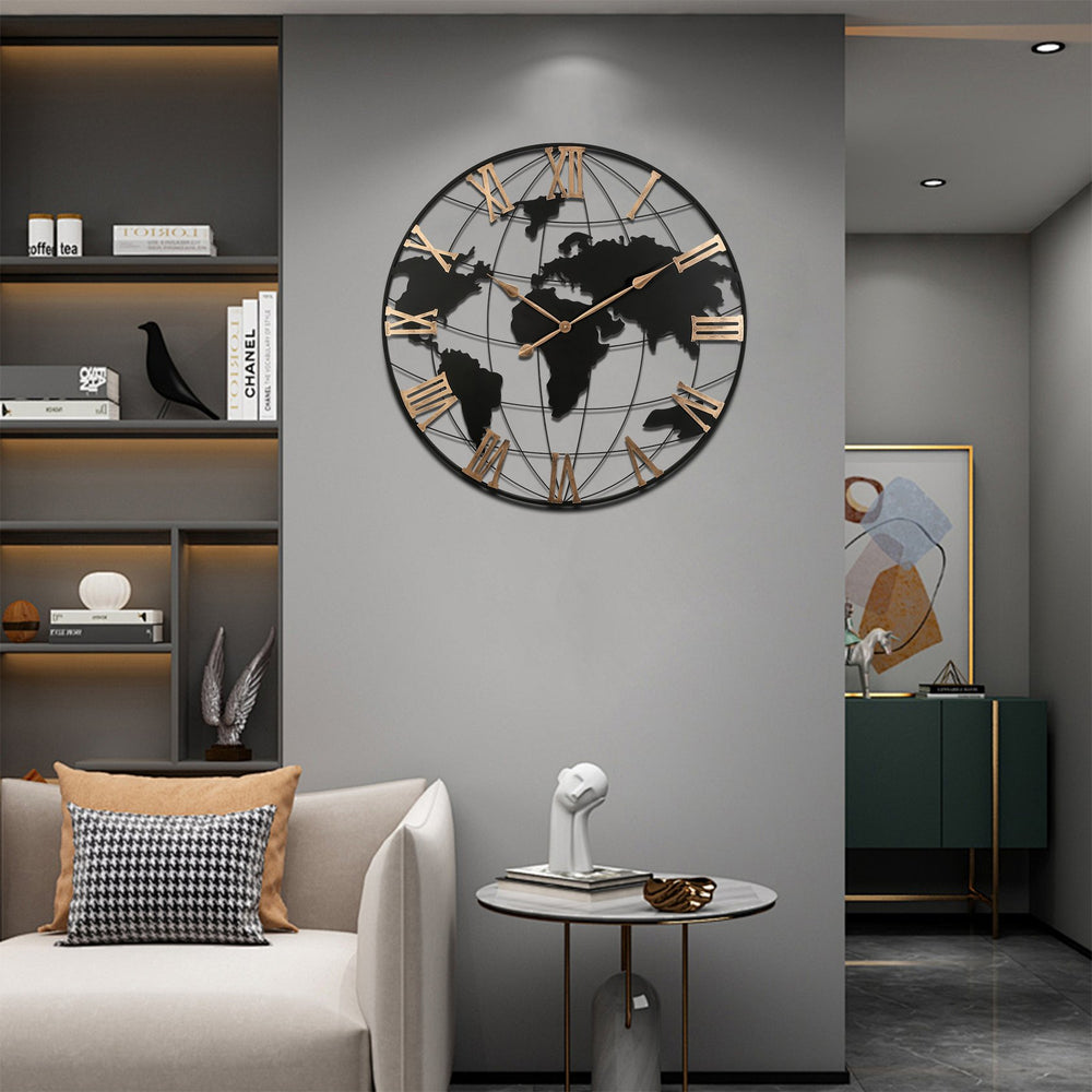English Elm 36 Inch Extra Giant Black Metal Wall Clock - Modern Vintage World Map Design With Silent Movement For Home Decor W1445P249306