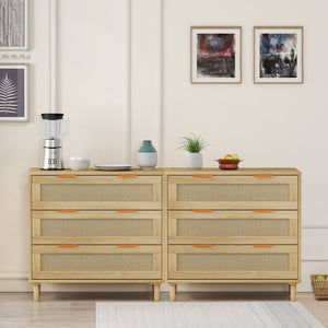 English Elm 3-Drawers Rattan Storage Cabinet Set Of 2 - Stylish Oak Cabinets For Bedroom, Living Room & More! W757S00025